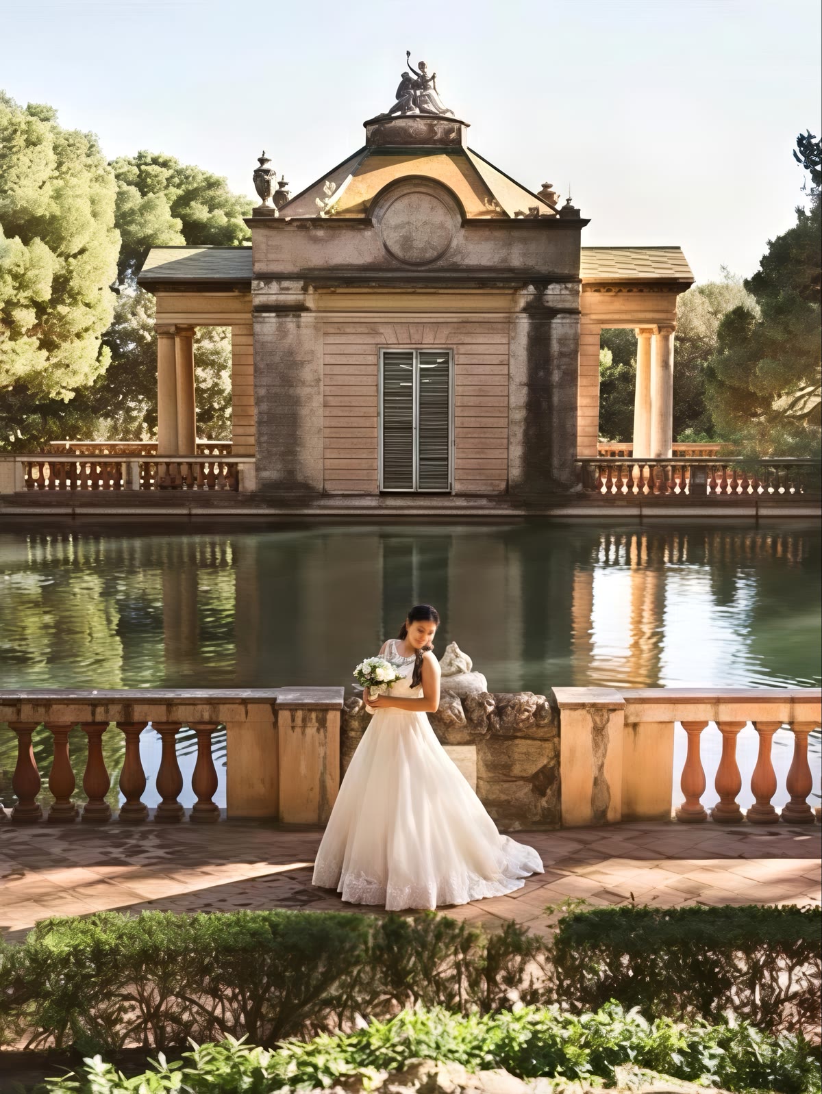 Sposa davanti al padiglione sul laghetto, fotografata da Bruna & Dani